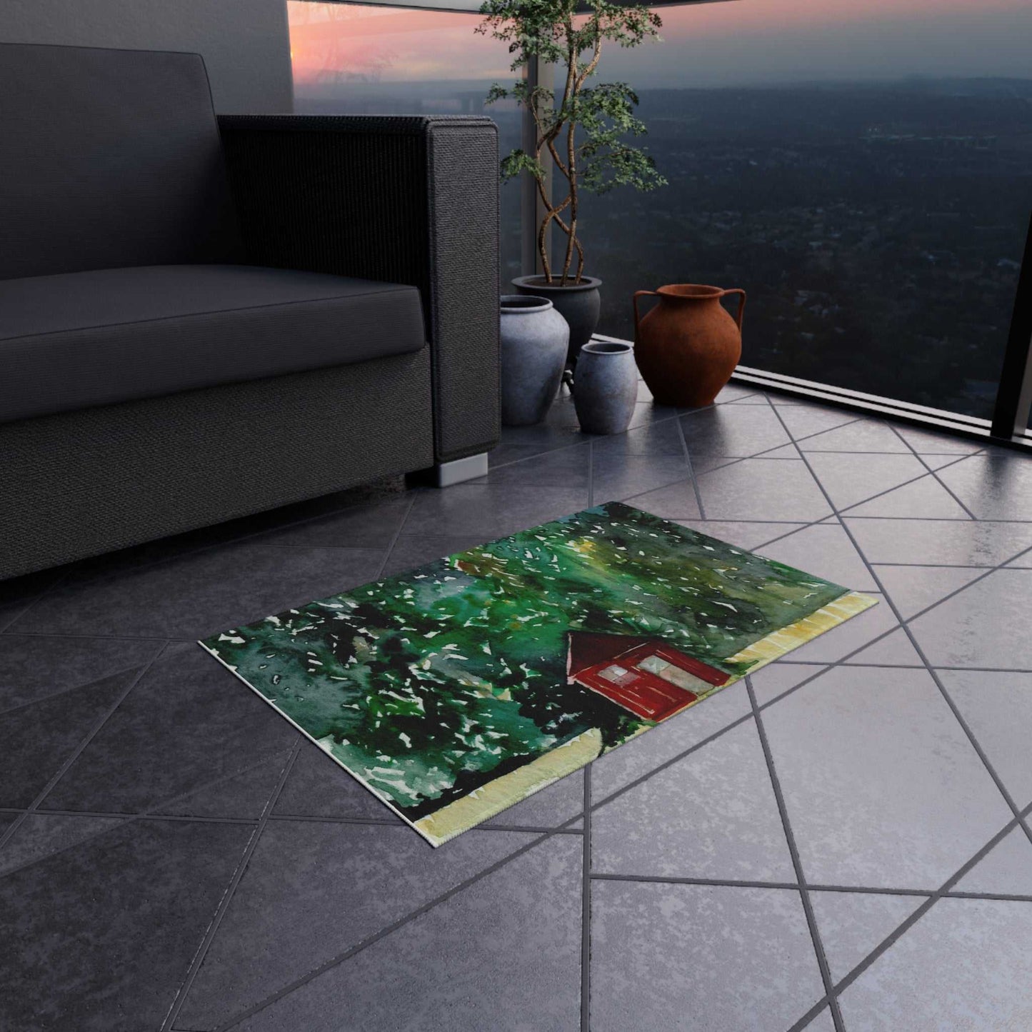 Cozy Outdoor Rug with Rustic Cabin Design Printify