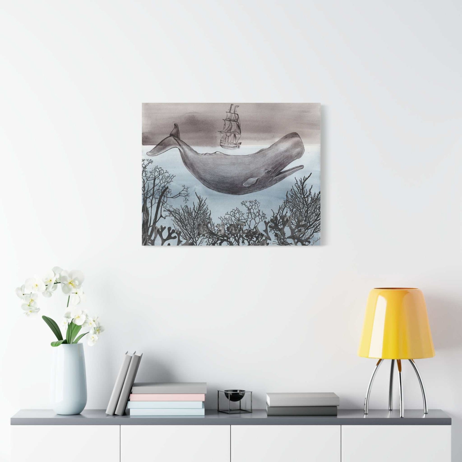Whale & Tall Ship Matte Canvas Wall Art — Nautical Ocean Illustration Printify