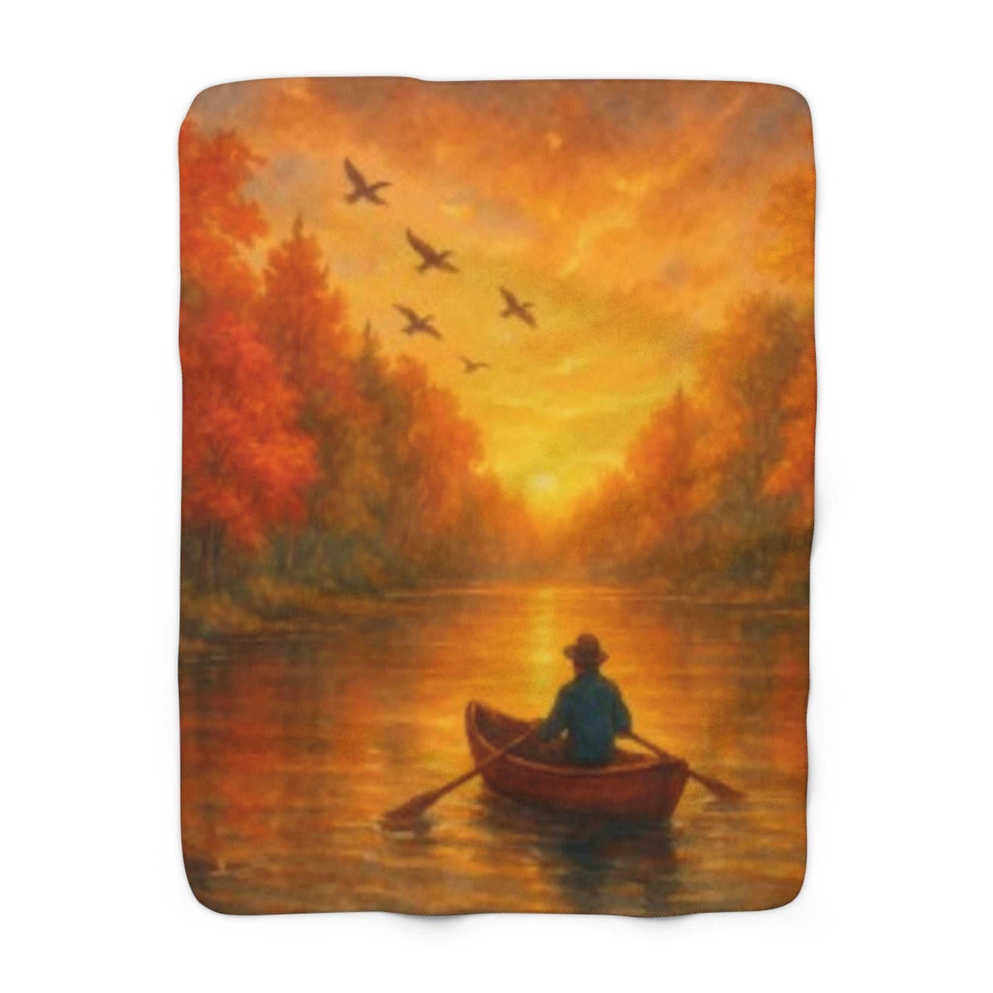 Sherpa fleece blanket with rowing river autumn design for cozy fall warmth