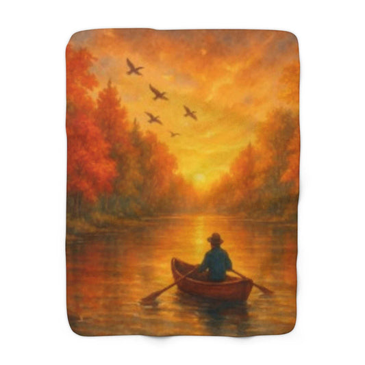 Sherpa fleece blanket with rowing river autumn design for cozy fall warmth