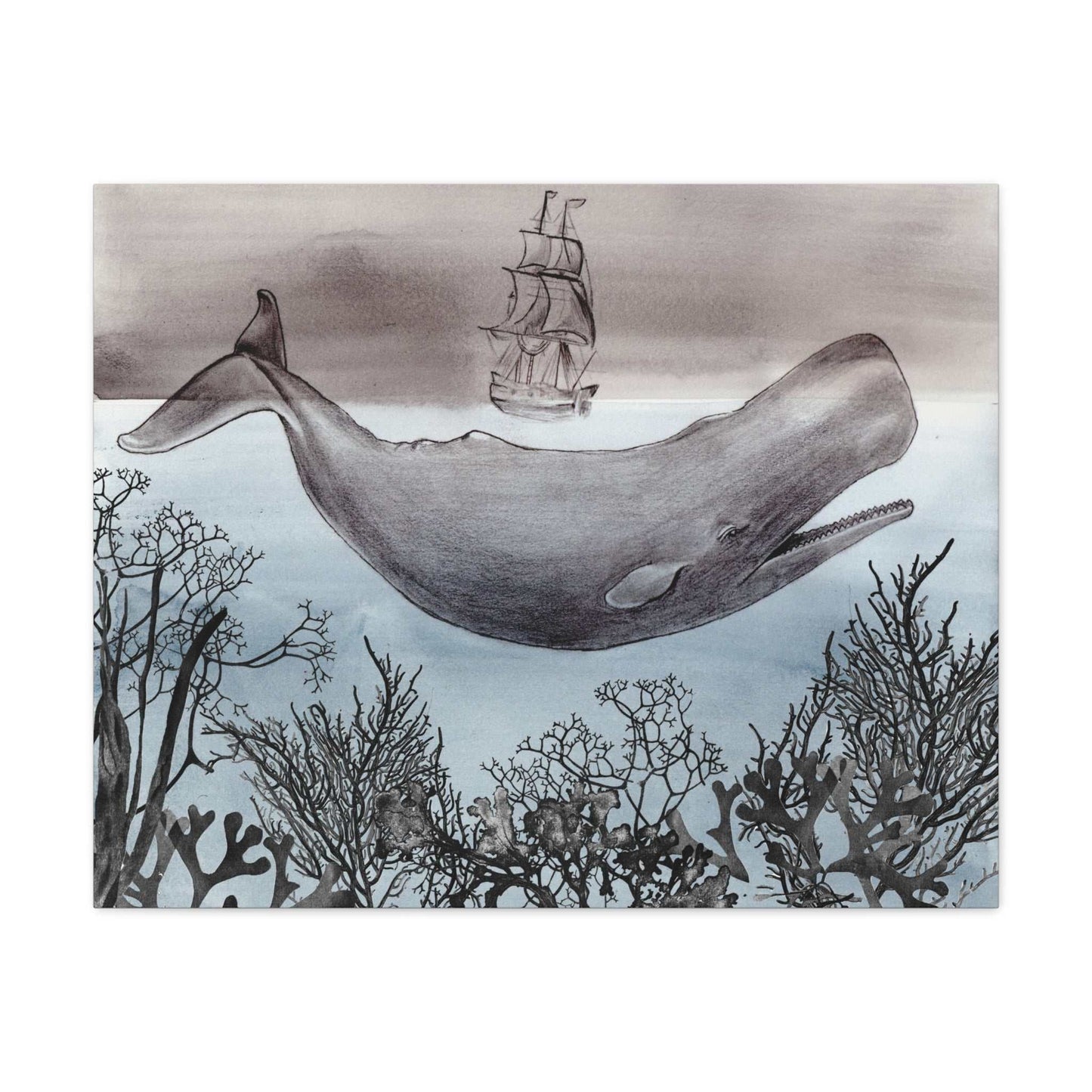 Whale & Tall Ship Matte Canvas Wall Art — Nautical Ocean Illustration Printify