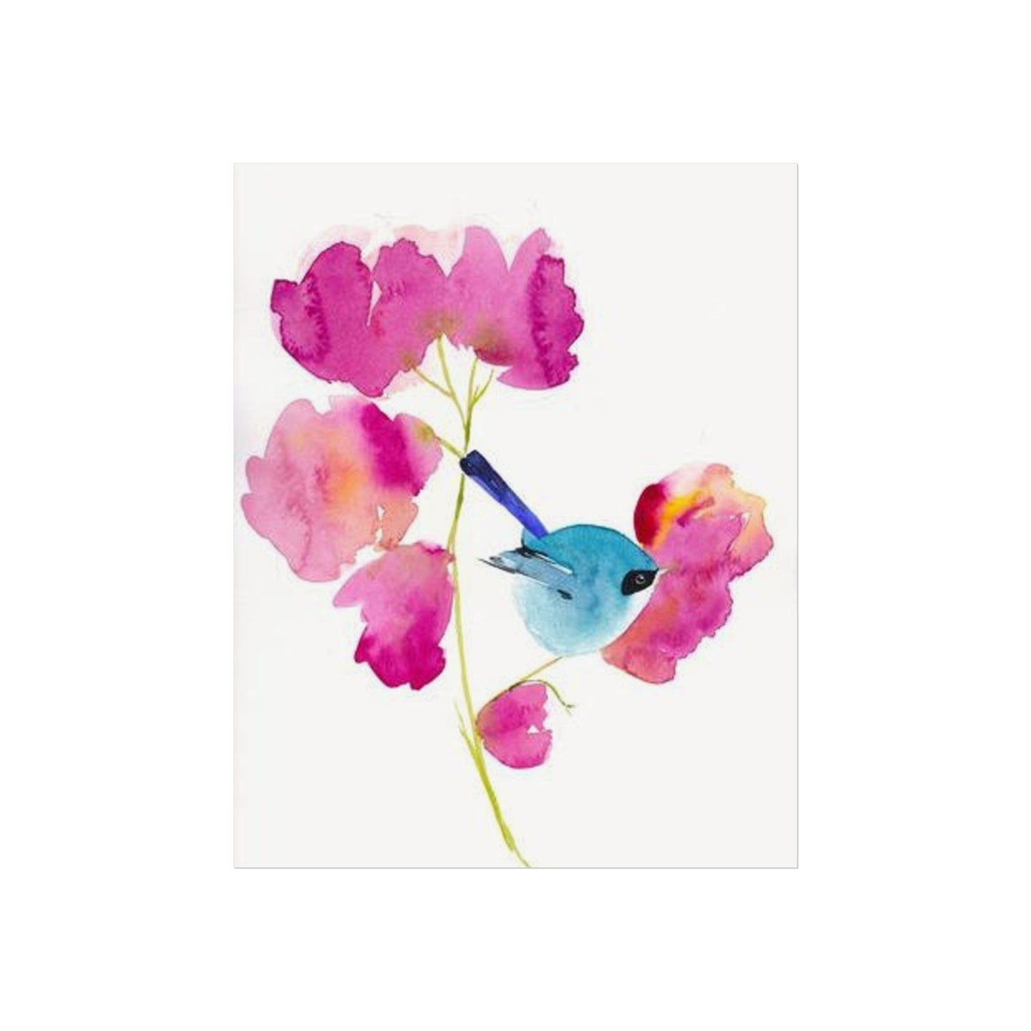 Blue Wren Watercolor Fine Art Poster – Pink Floral Bird Wall Art
