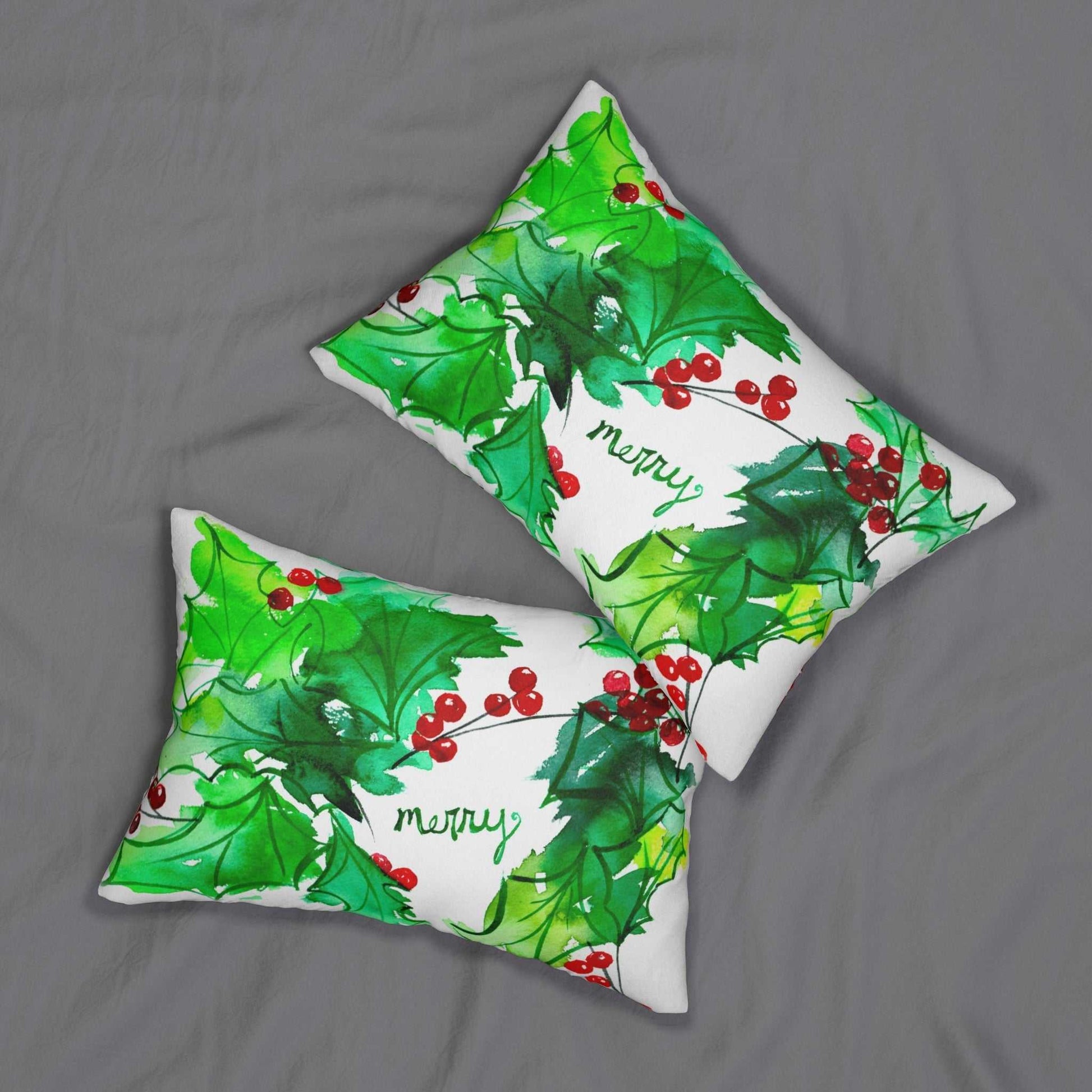 'Merry” Watercolor Holiday Lumbar Pillow – Festive Home Accent Printify