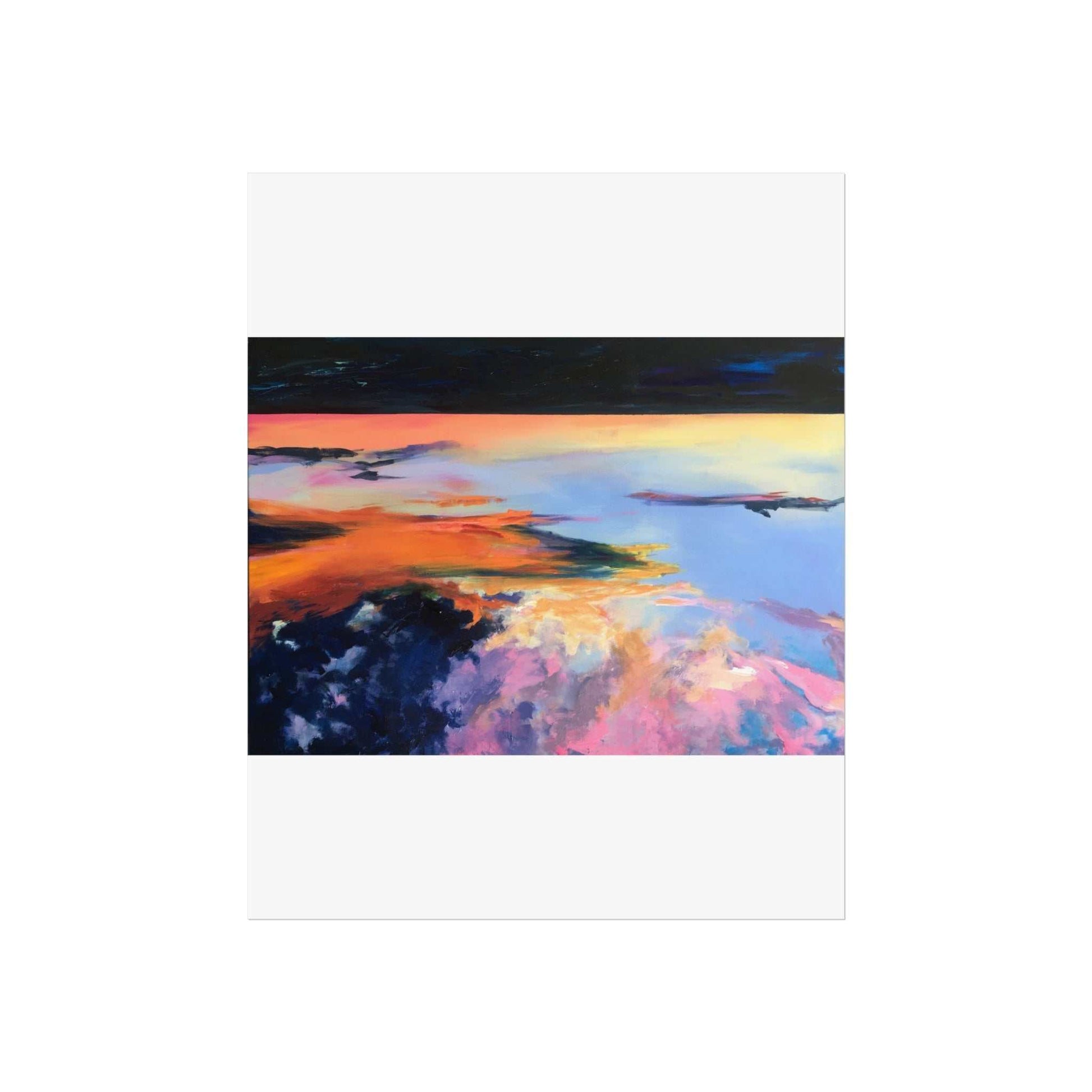 Abstract Sunset Fine Art Poster with vibrant indigo, orange, and lavender hues on matte archival paper