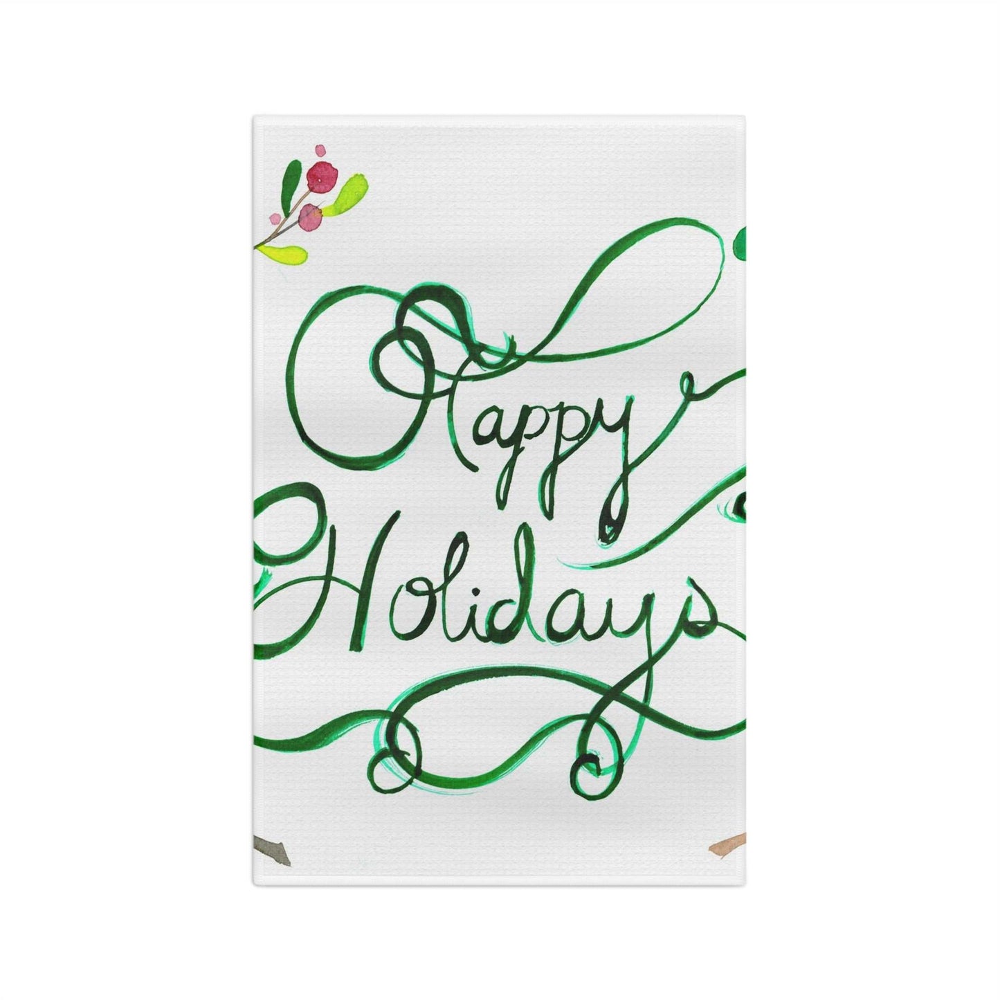 Happy Holidays microfiber tea towel with green script and holly accents hanging in kitchen