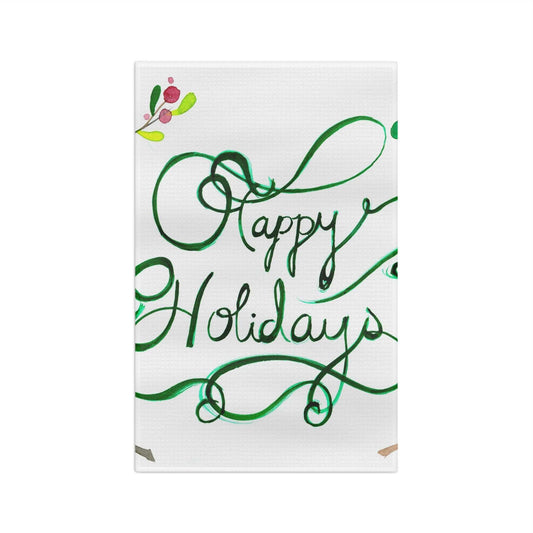 Happy Holidays microfiber tea towel with green script and holly accents hanging in kitchen