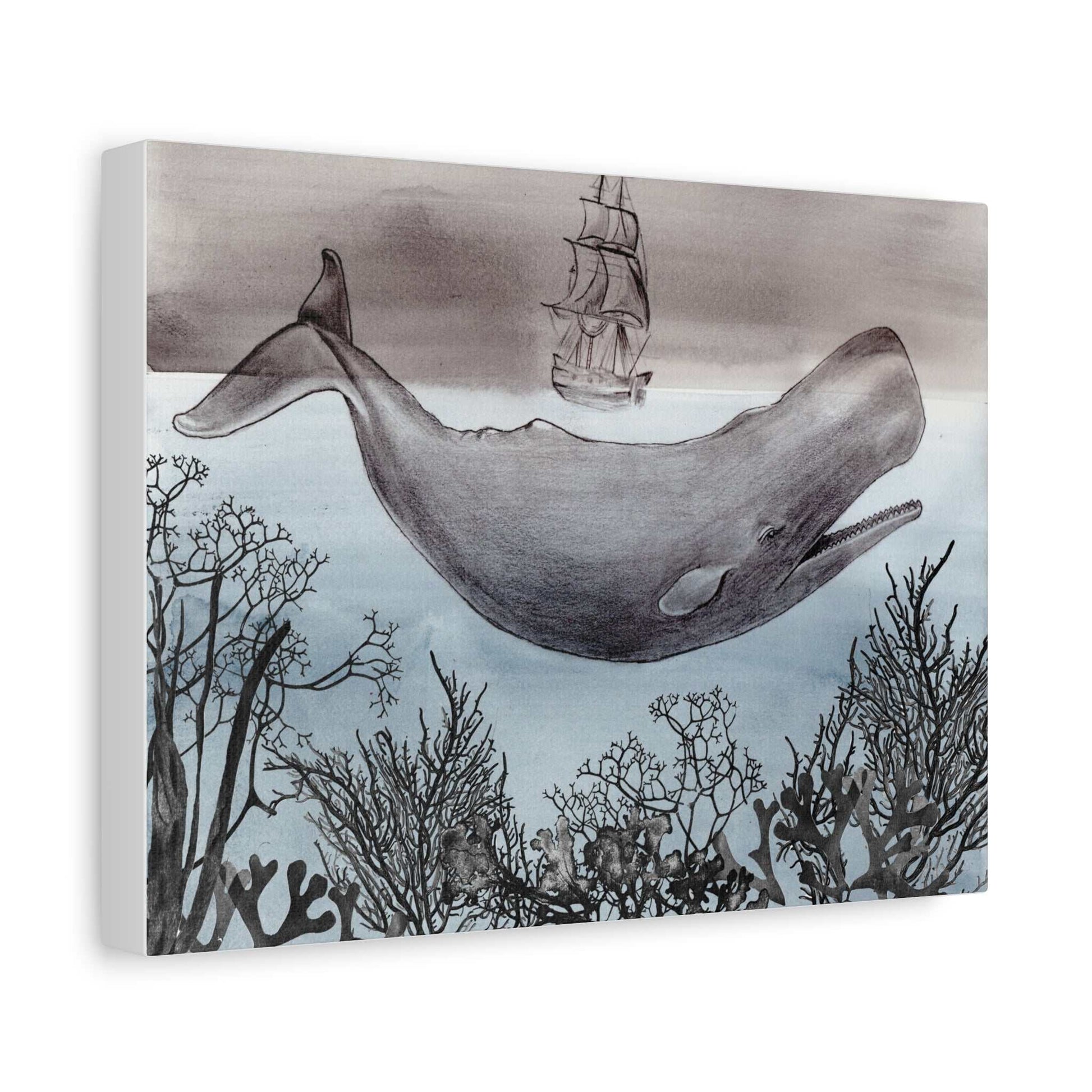 Whale & Tall Ship Matte Canvas Wall Art — Nautical Ocean Illustration Printify