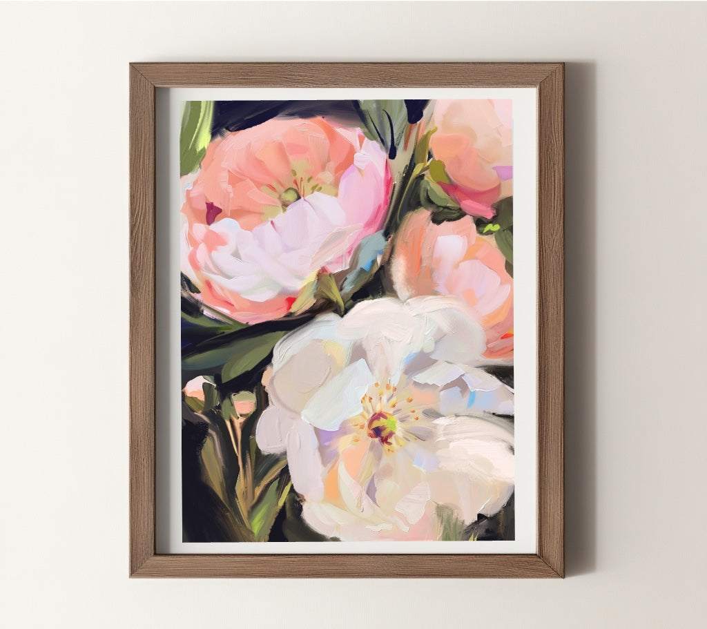 Original painting on paper featuring a soft blooming floral acrylic artwork