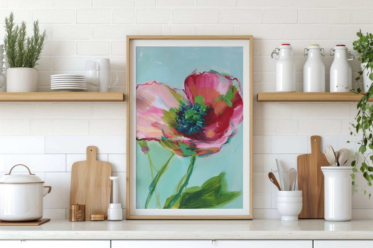 Vibrant Bloom Art Print featuring colorful botanical design on archival-quality canvas, ready to hang wall art.