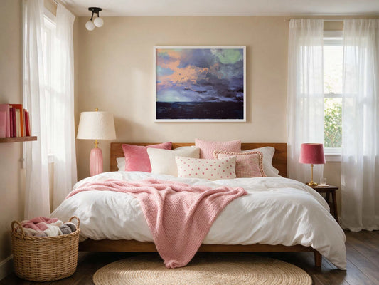 Cozy, sunlit bedroom featuring a wooden bed, white and blush-pink bedding, and an abstract ocean storm art print on the wall