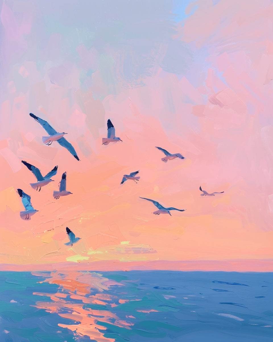 Gulls silhouetted against a glowing sunset sky in a peaceful coastal fine art print titled Gulls at Sunset