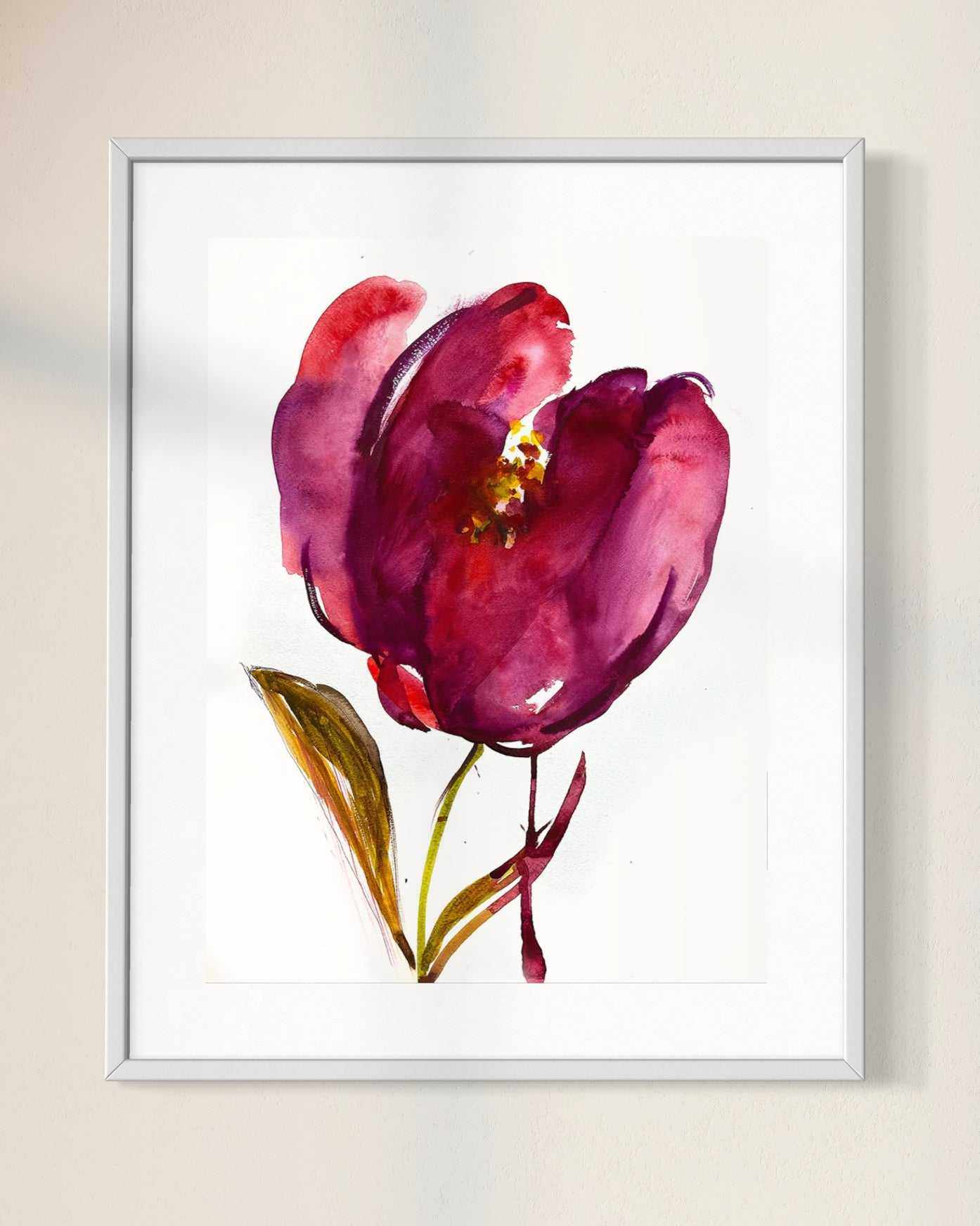 Red Tulip Abstract watercolor art print with bold, rich red hues on canvas