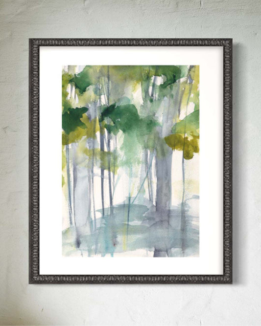 Grove IV Art Print watercolor forest scene in cool blues and greens on premium paper