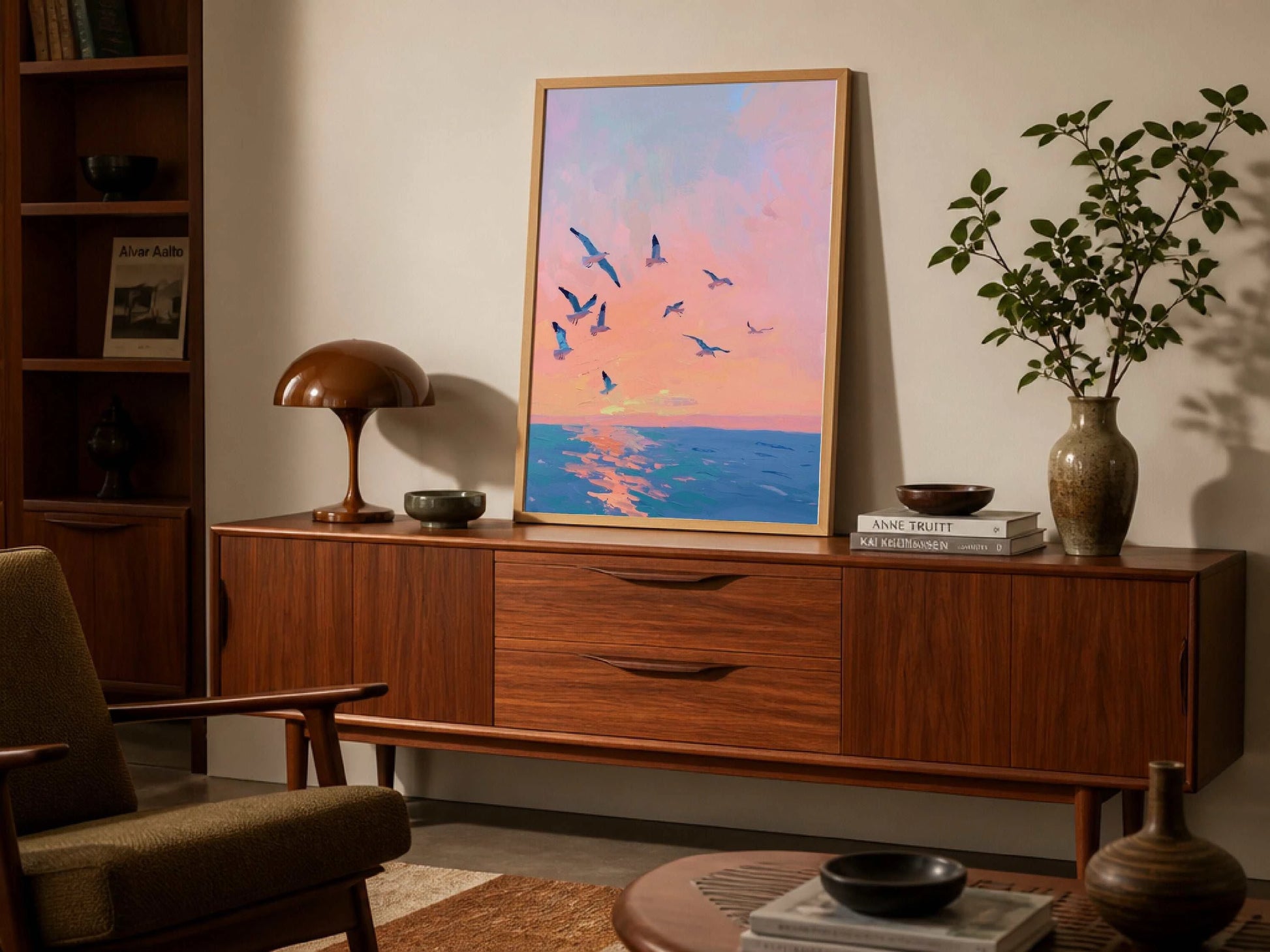 Gulls at Sunset fine art print with silhouetted gulls against a glowing coastal sunset sky.