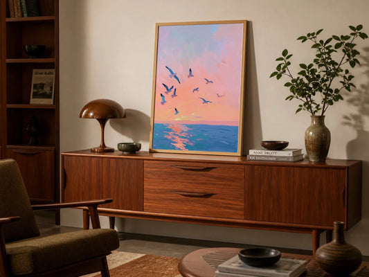 Gulls at Sunset fine art print with silhouetted gulls against a glowing coastal sunset sky.