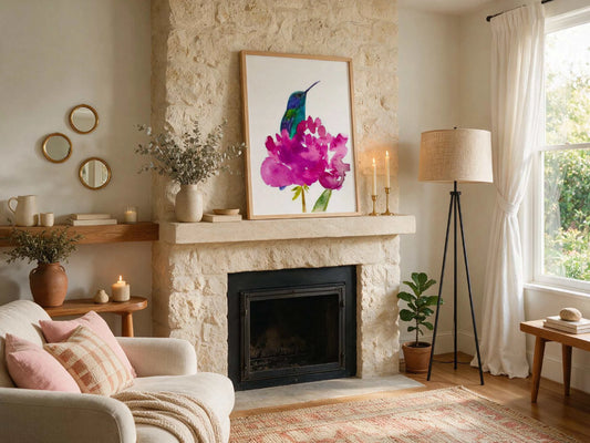 Hummingbird hovering near blooming peony vibrant floral art print on canvas or paper wall décor