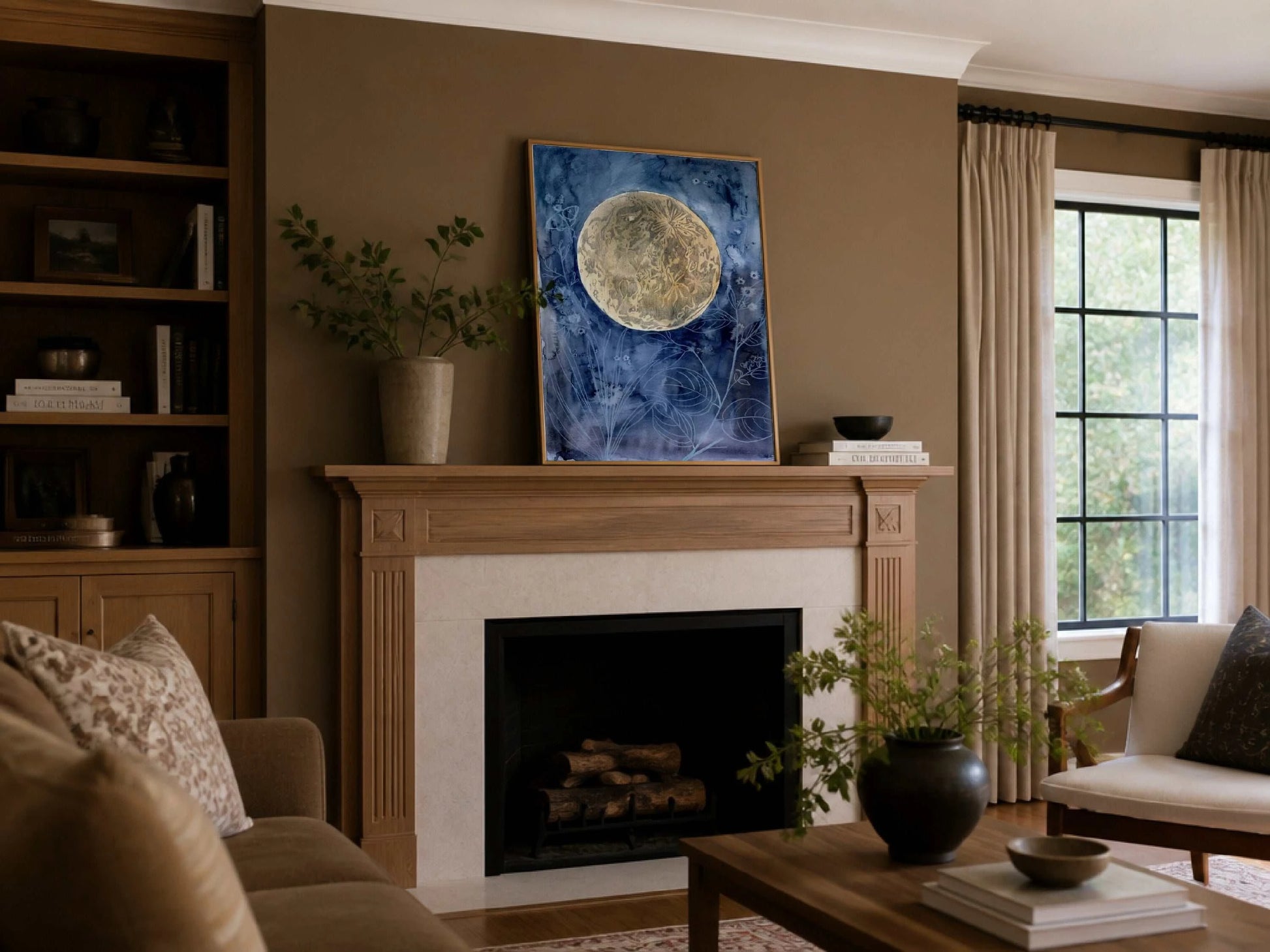 Moon Garden Art Print depicting a serene garden under glowing moonlight with celestial and nature themes.