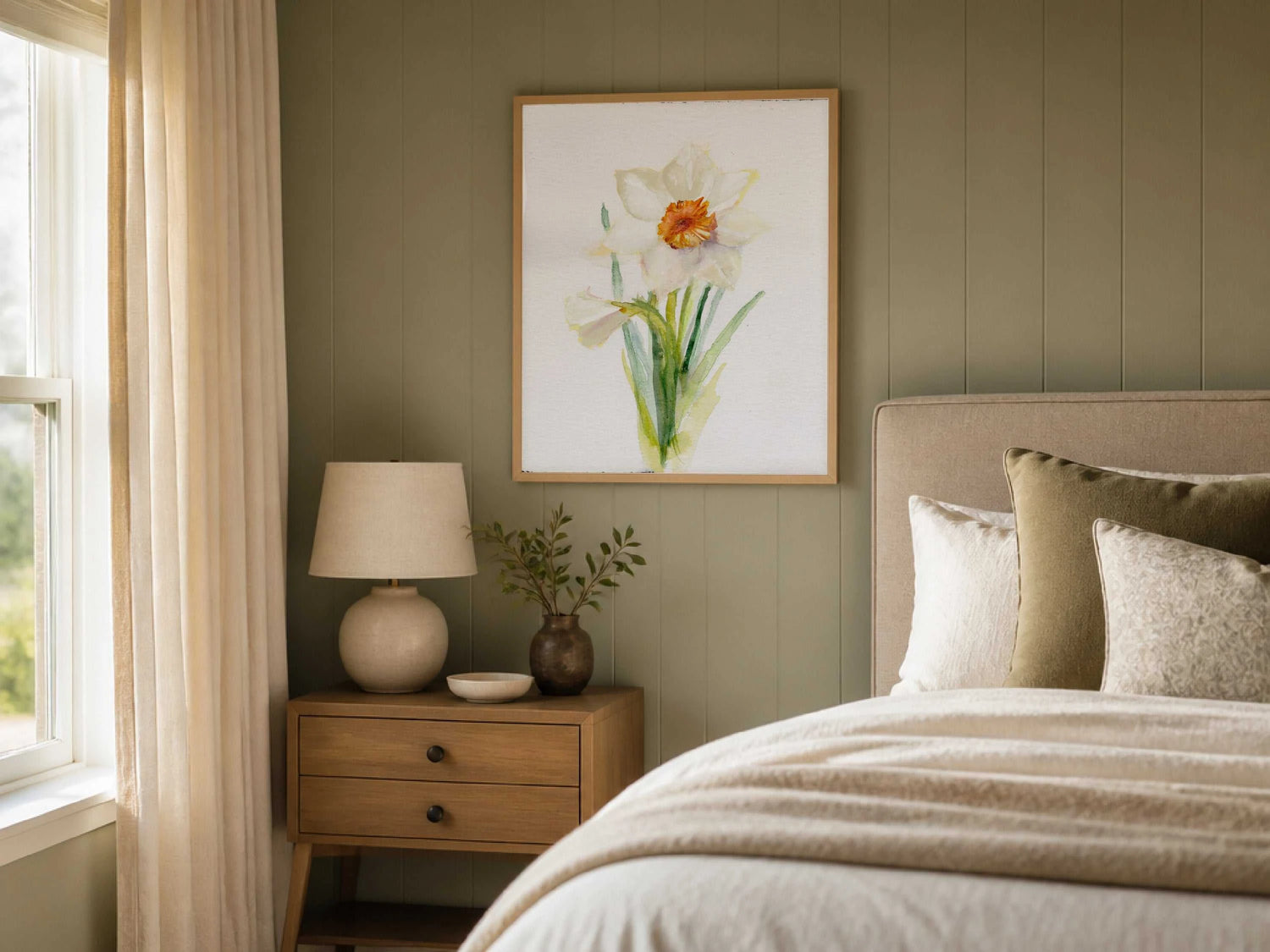 Narcissus December birth flower art print with delicate yellow blooms on archival-quality paper or canvas