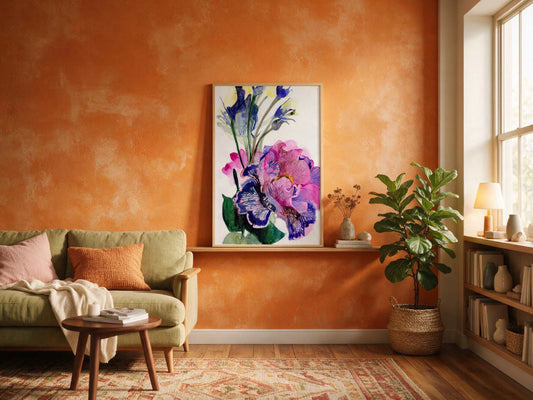 October Blooms art print showcasing warm autumn floral design with golden tones on archival-quality paper or canvas
