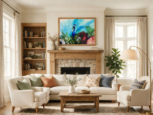 Vibrant Peacock Garden II art print featuring exotic peacock and colorful floral design on archival-quality canvas, ready to hang.