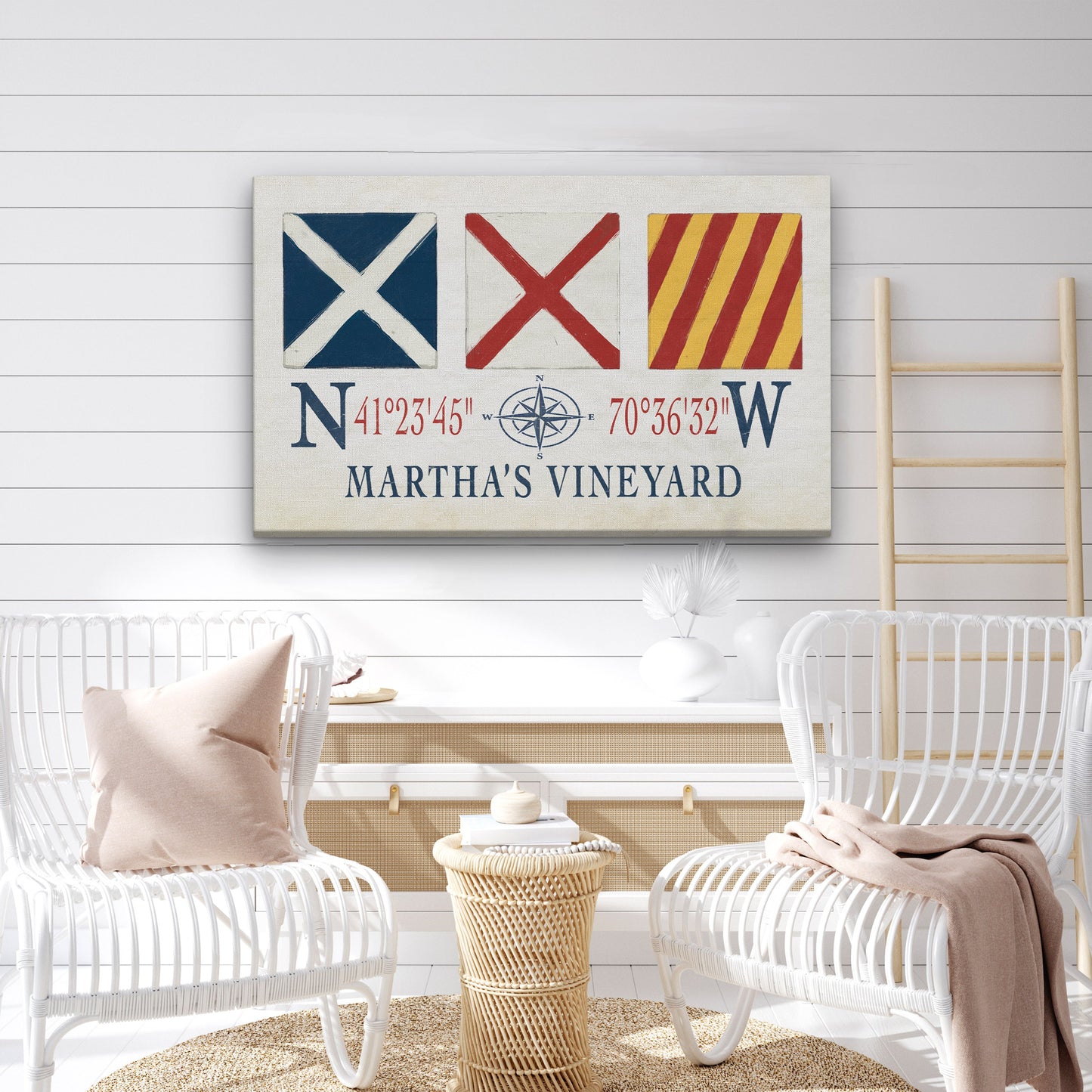 Marthas Vineyard Canvas Print - Nautical Signal Flags & Coordinates