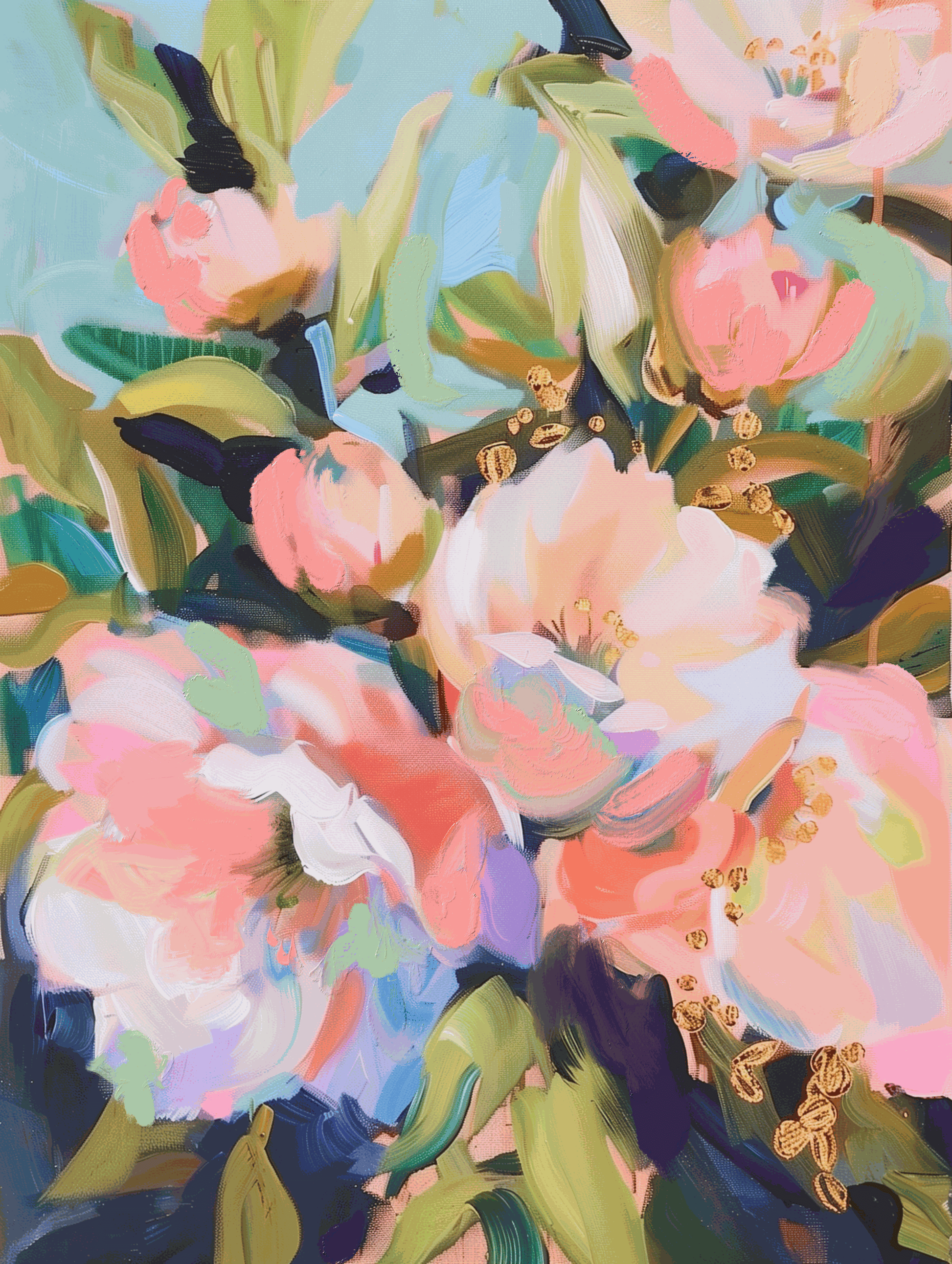 Original acrylic painting Magic in the Garden with gold leaf accents on watercolor paper