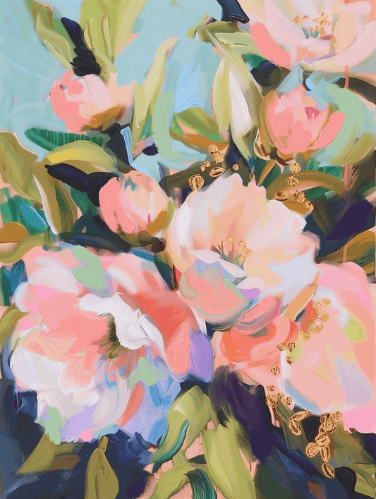 Original acrylic painting Magic in the Garden with gold leaf accents on watercolor paper