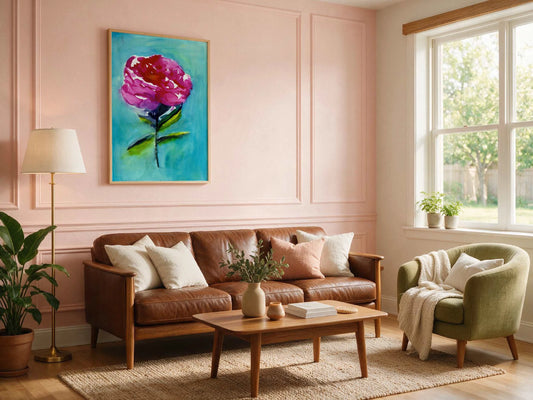 Mid-century modern living room with a pink wainscot wall, a brown leather sofa, an olive green armchair, a natural jute rug, a brass floor lamp, and a vibrant abstract pink flower painting on the wall.