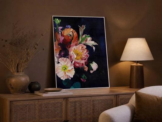 "Resplendence" by artist Christine Lindstrom. It is an acrylic still-life floral painting featuring vibrant, colorful blooms against a dark navy or black background.