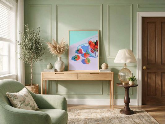 Strawberry Study Art Print framed strawberry still-life art print, a green armchair, and a wood side table with a pleated lamp