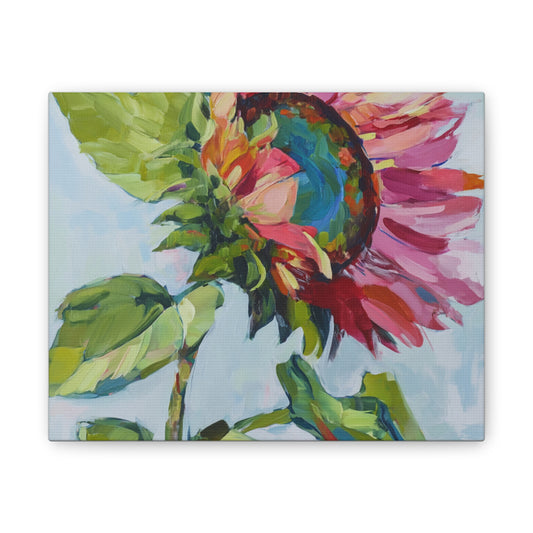 Radiance Art Print, a vibrant abstract botanical painting depicting a pink and red sunflower with expressive green leaves and a colorful center, available from decor retailers like Mai Autumn Decor.