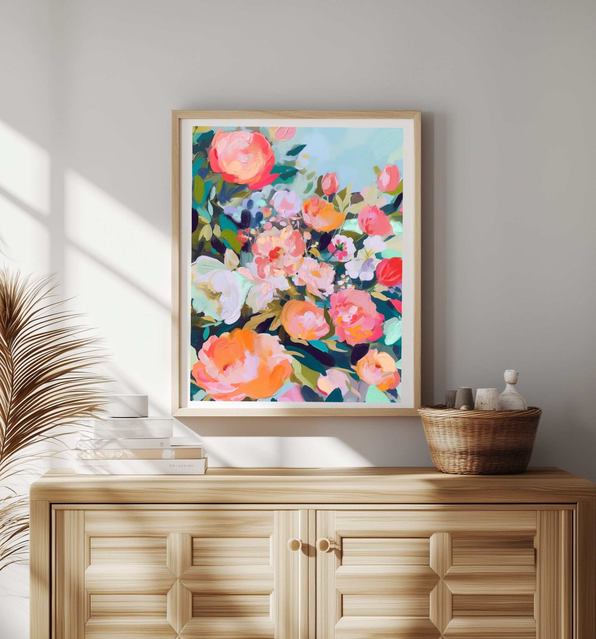 Close-up of "The Garden Wakes" art print on Canon Pro Luster Paper featuring soft blooms and dewy greens for serene wall decor