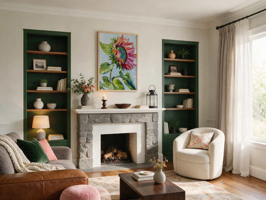 Living room features a stone fireplace flanked by dark green built-in bookshelves, a brown leather sofa, a cream swivel accent chair, and the vibrant Radiance Art Print hanging above the mantel