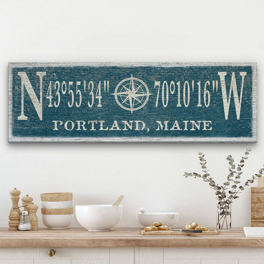 Personalized coordinates canvas sign with distressed compass rose and rustic coastal design