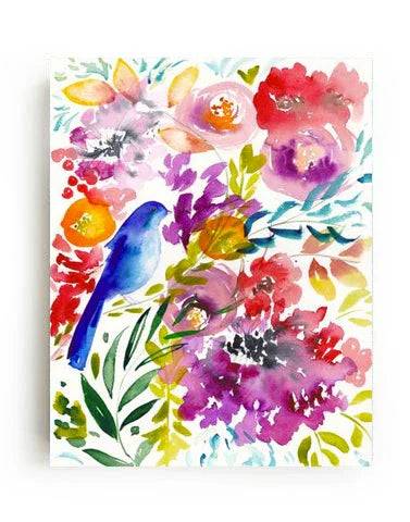 Bluebird perched among soft blooming flowers in vibrant nature art print