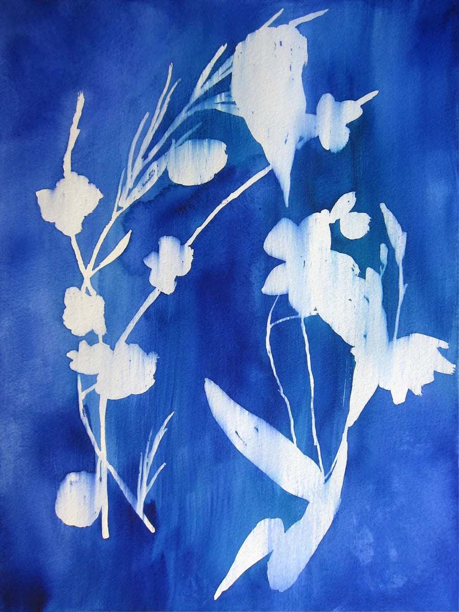 Cyanotype art print in blue tones on archival paper or canvas, perfect for elegant wall decor
