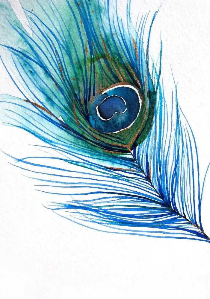 Vibrant peacock feather art print on matte cotton canvas and Canon Pro Luster paper options