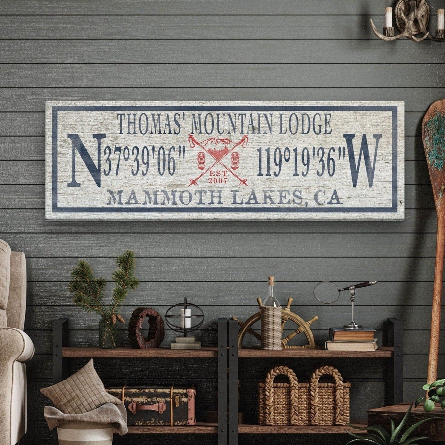 Personalized Coordinates Canvas Ski Lodge Sign - Family Name Cabin Decor