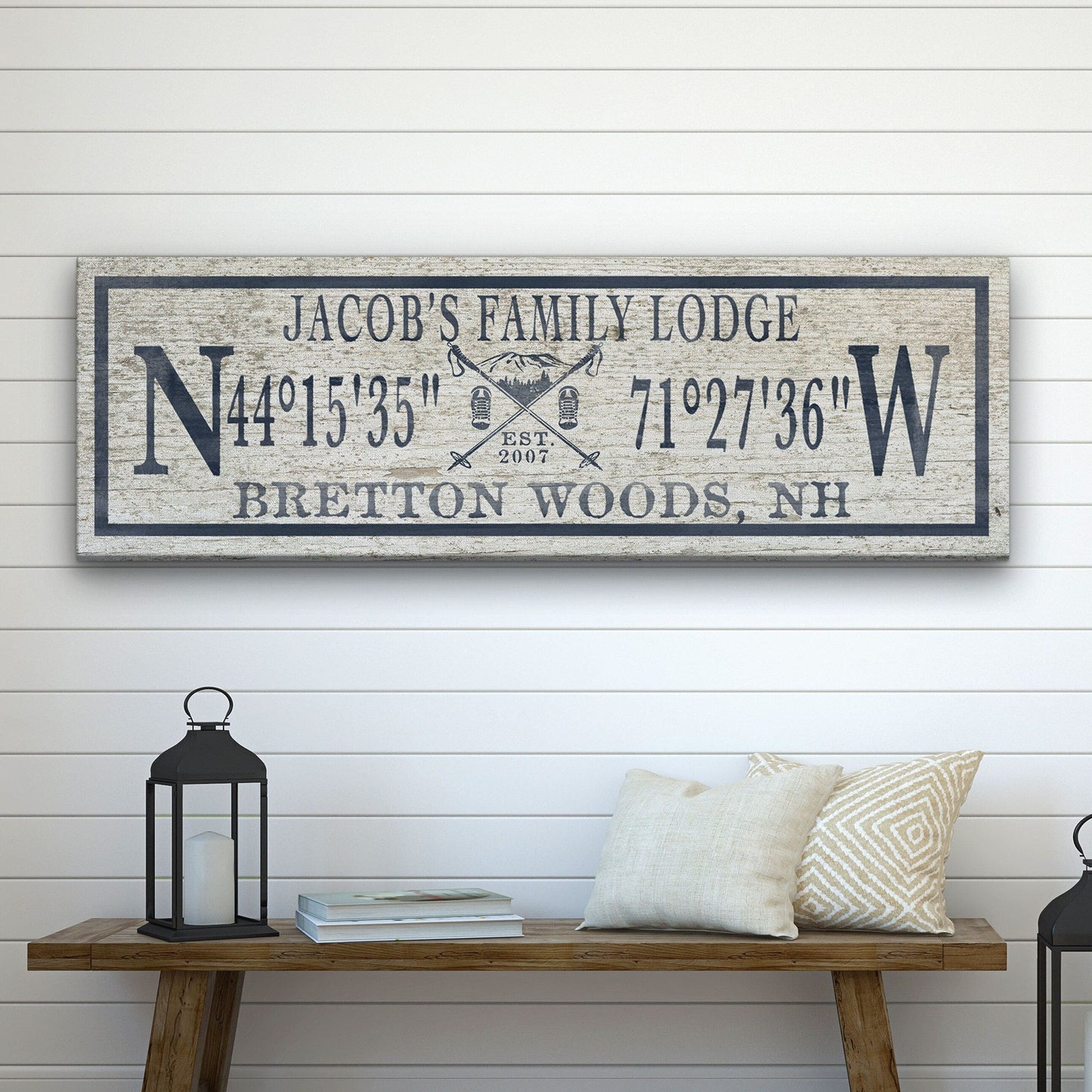 Personalized Coordinates Canvas Ski Lodge Sign - Family Name Cabin Decor