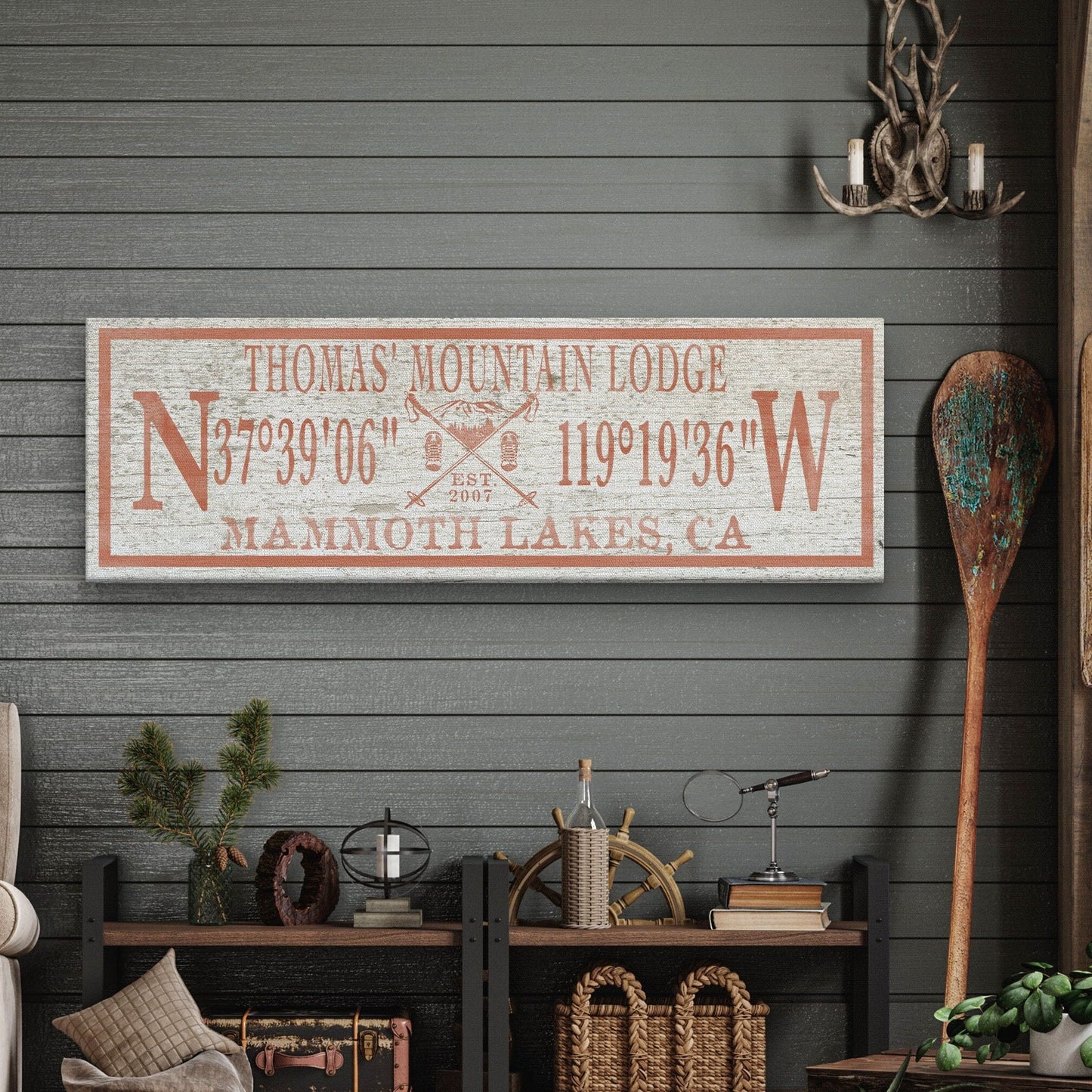 Personalized Coordinates Canvas Ski Lodge Sign - Family Name Cabin Decor