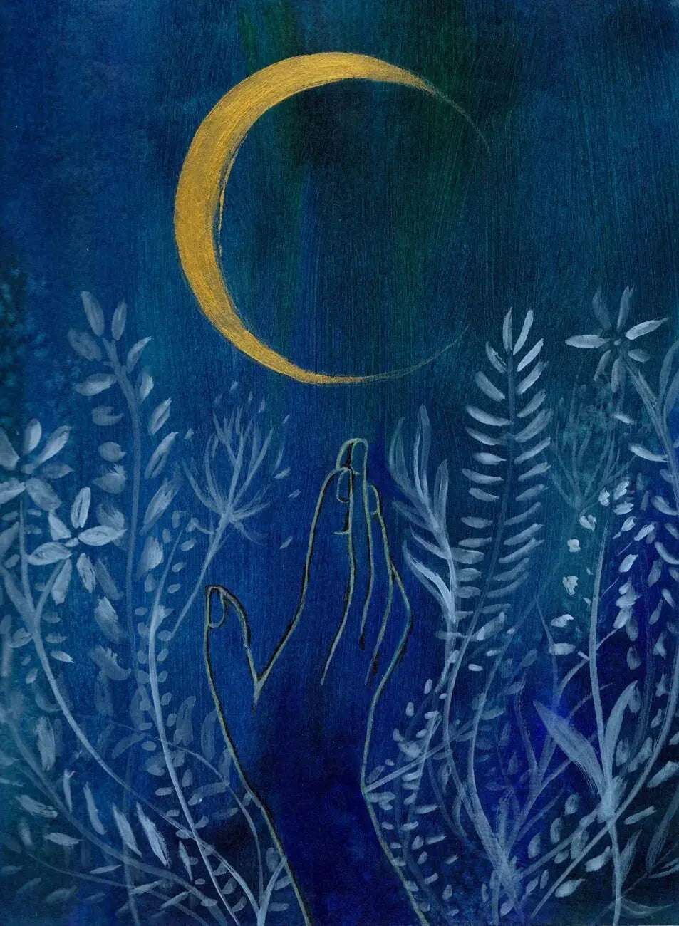 Flower Moon Bundle original moon-inspired artwork with hand reaching toward golden crescent moon surrounded by blue floral silhouettes